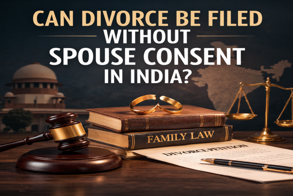 Split wedding image of an Indian couple with a torn effect, symbolizing contested divorce without spouse consent under Indian law, with gavel and legal elements.