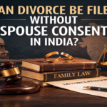 Split wedding image of an Indian couple with a torn effect, symbolizing contested divorce without spouse consent under Indian law, with gavel and legal elements.