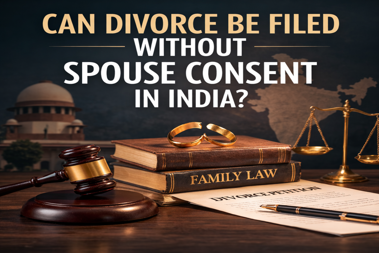 Split wedding image of an Indian couple with a torn effect, symbolizing contested divorce without spouse consent under Indian law, with gavel and legal elements.