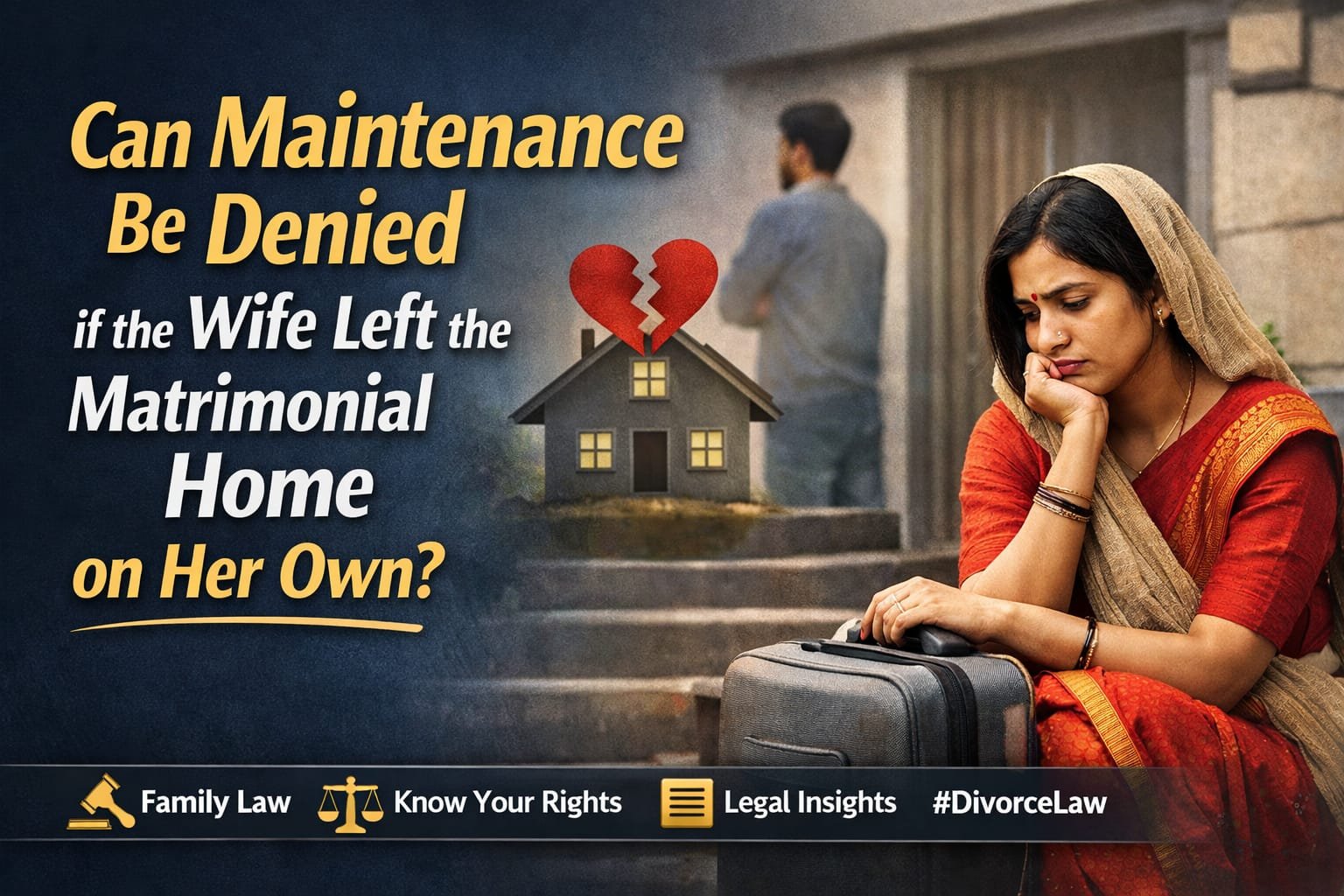 Can maintenance be denied if the wife leaves the matrimonial home on her own – Indian family law concept showing a distressed woman with luggage and a broken home symbol