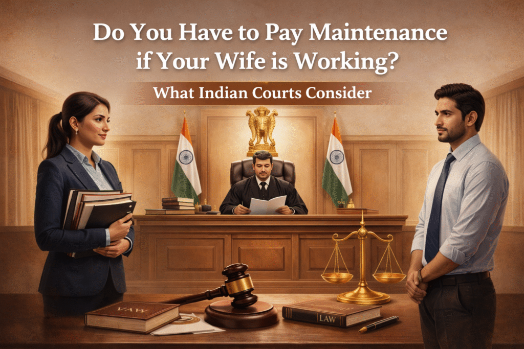 Courtroom illustration showing a judge reviewing a maintenance case with a working woman and man, representing Indian maintenance laws and legal considerations.