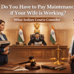 Courtroom illustration showing a judge reviewing a maintenance case with a working woman and man, representing Indian maintenance laws and legal considerations.