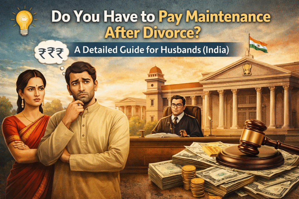 Indian court scene showing a worried husband and wife during a divorce case with judge, gavel and money symbolizing maintenance after divorce in India
