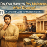 Indian court scene showing a worried husband and wife during a divorce case with judge, gavel and money symbolizing maintenance after divorce in India
