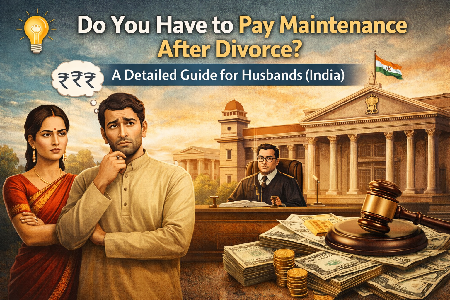 Indian court scene showing a worried husband and wife during a divorce case with judge, gavel and money symbolizing maintenance after divorce in India
