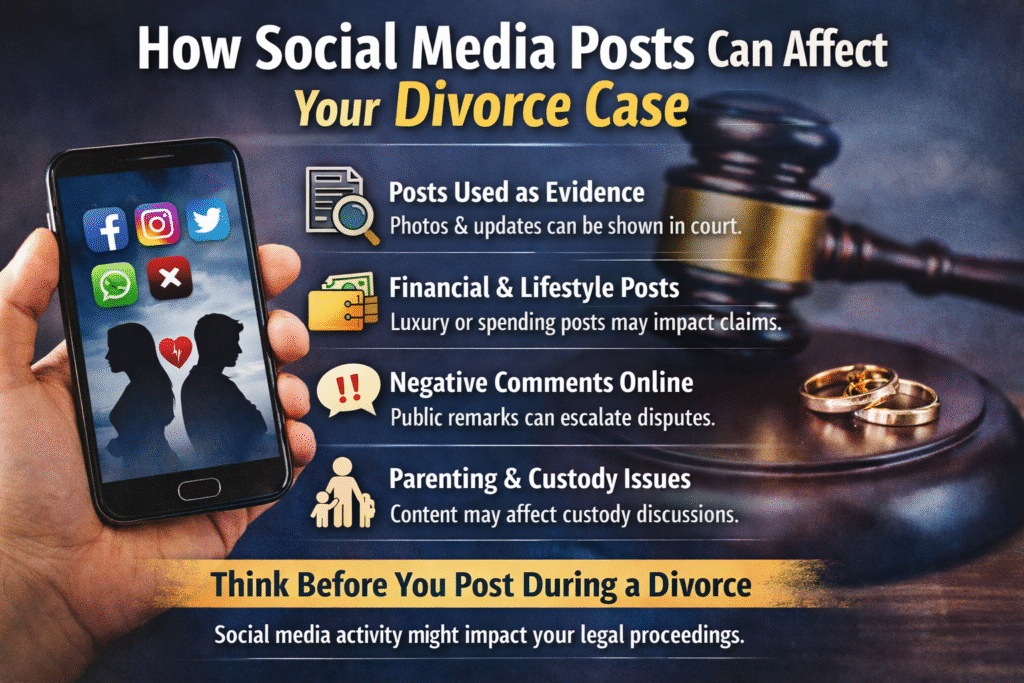 Infographic explaining how social media posts on platforms like Facebook, Instagram, and WhatsApp can affect divorce cases, including evidence in court, financial lifestyle posts, negative comments, and child custody concerns.