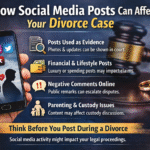 Infographic explaining how social media posts on platforms like Facebook, Instagram, and WhatsApp can affect divorce cases, including evidence in court, financial lifestyle posts, negative comments, and child custody concerns.