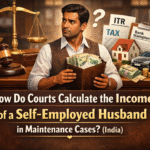 Indian court scene showing judge gavel with financial documents and a self-employed man, representing income calculation in maintenance cases”
