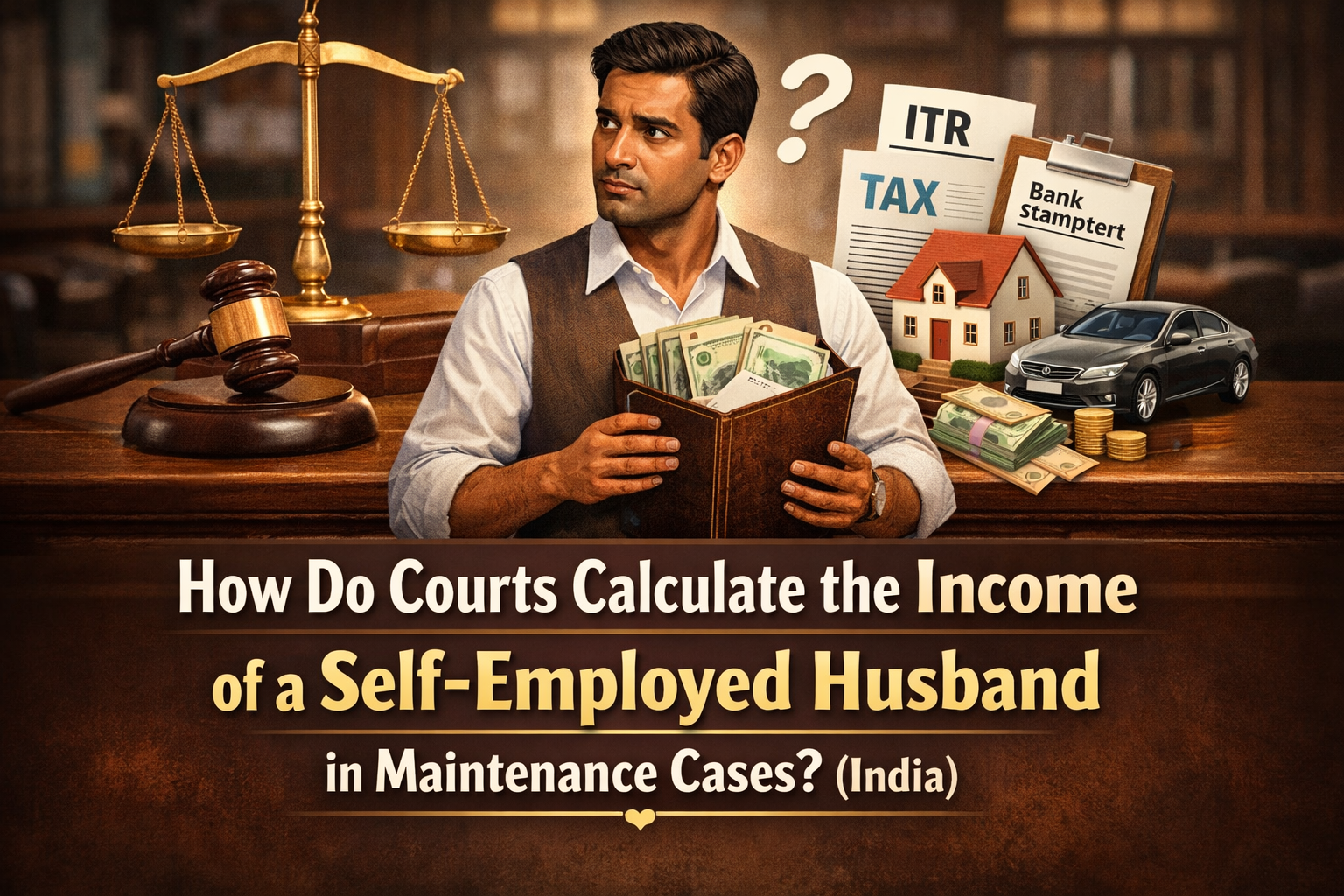Indian court scene showing judge gavel with financial documents and a self-employed man, representing income calculation in maintenance cases”