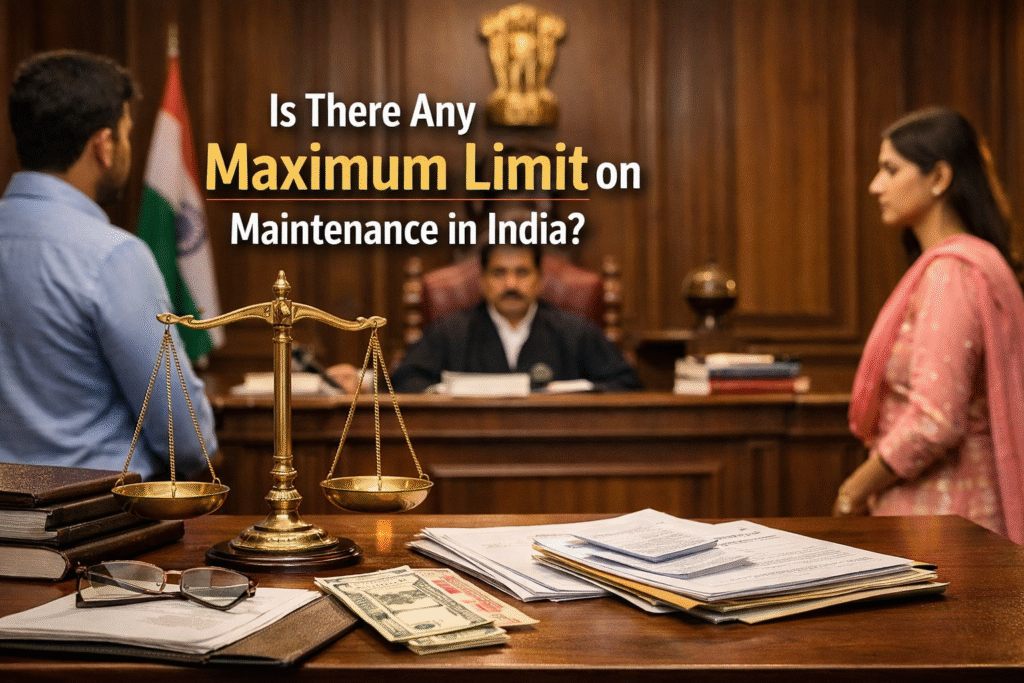 Indian courtroom scene showing a judge, husband and wife, legal documents, and balance scale representing maintenance law and financial assessment in India