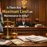 Indian courtroom scene showing a judge, husband and wife, legal documents, and balance scale representing maintenance law and financial assessment in India