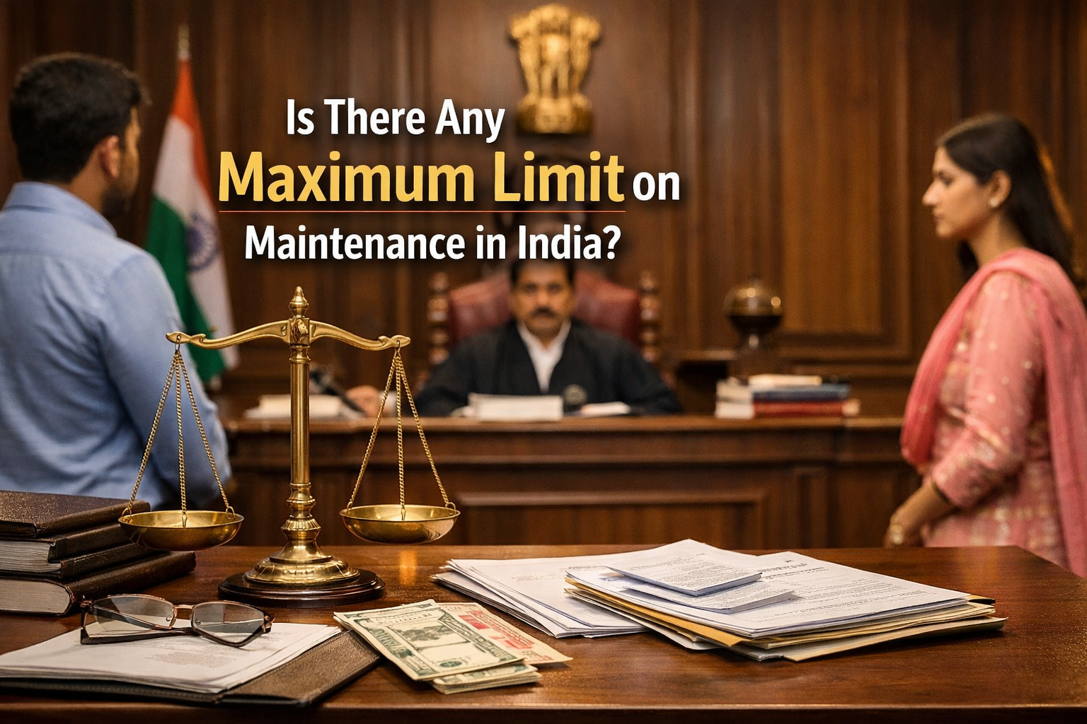 Indian courtroom scene showing a judge, husband and wife, legal documents, and balance scale representing maintenance law and financial assessment in India
