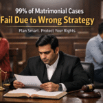 Indian courtroom scene showing lawyer reviewing documents with couple in conflict, representing matrimonial case strategy failure