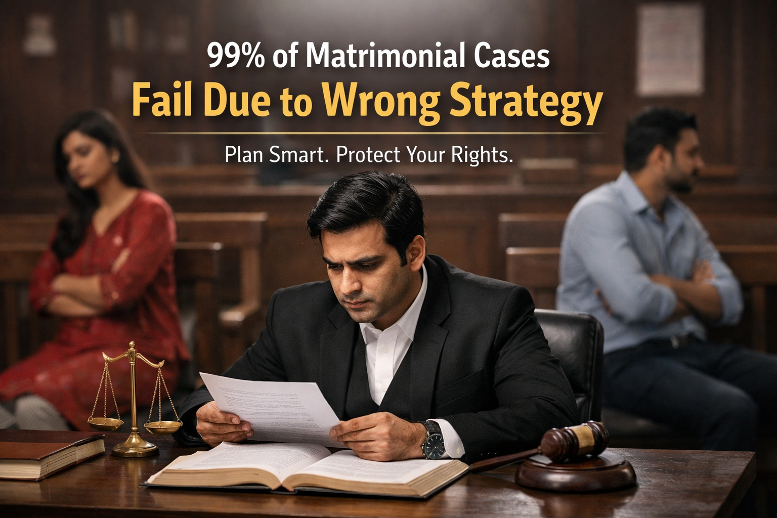Indian courtroom scene showing lawyer reviewing documents with couple in conflict, representing matrimonial case strategy failure