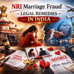 NRI Marriage Fraud legal remedies in India illustration showing Indian court, legal documents, and international dispute elements
