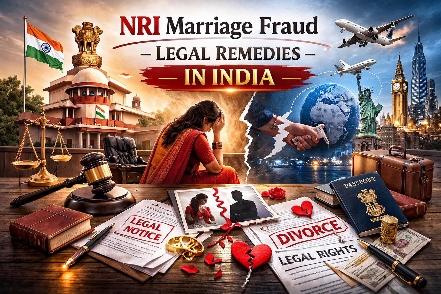 NRI Marriage Fraud legal remedies in India illustration showing Indian court, legal documents, and international dispute elements