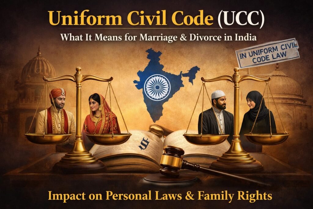 Uniform Civil Code (UCC) in India illustration showing impact on marriage and divorce laws with balance scales, couples from different communities, and Indian legal symbols