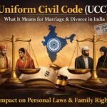 Uniform Civil Code (UCC) in India illustration showing impact on marriage and divorce laws with balance scales, couples from different communities, and Indian legal symbols