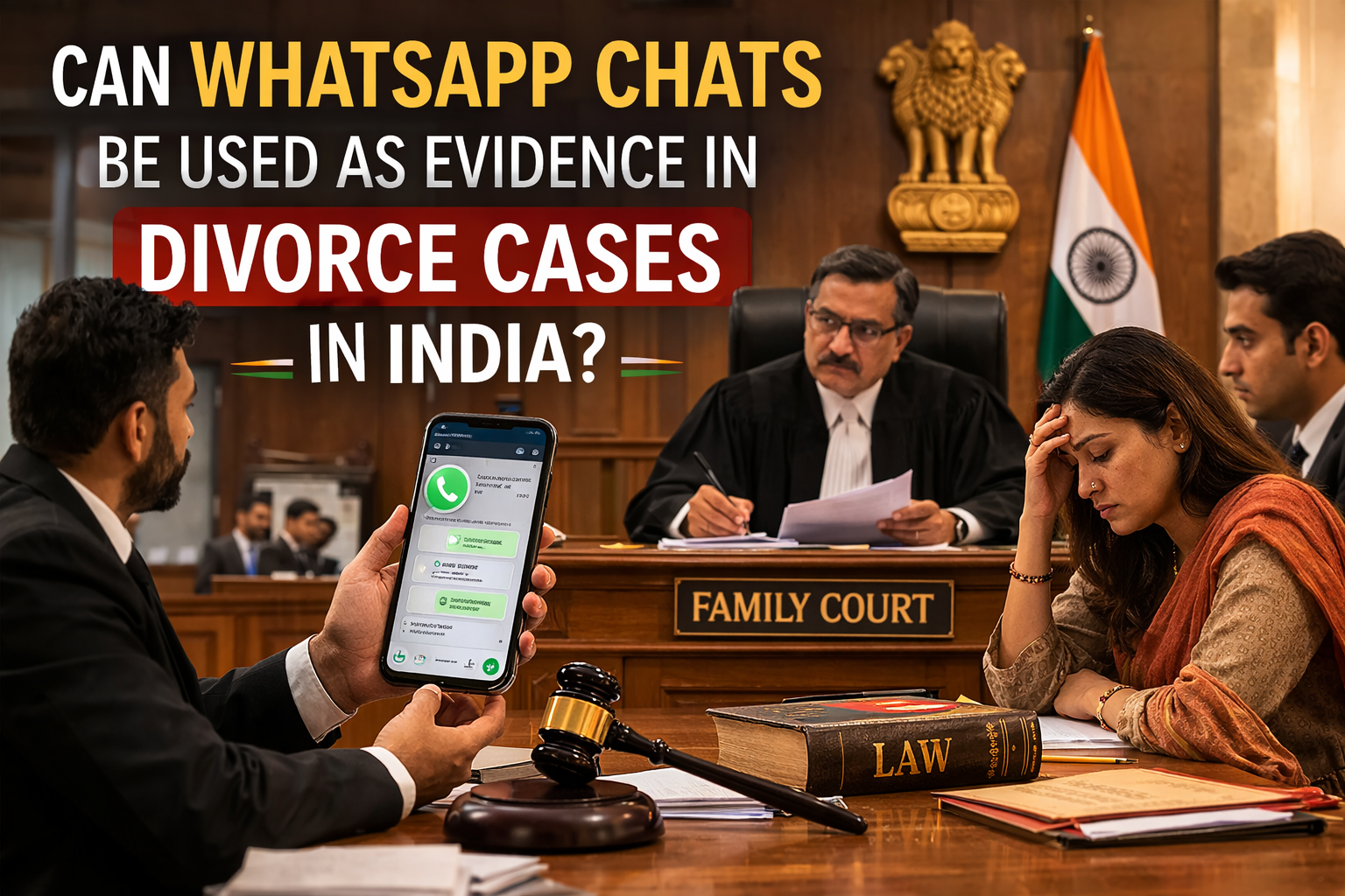 WhatsApp chat messages being presented as digital evidence in an Indian family court during a divorce case hearing.