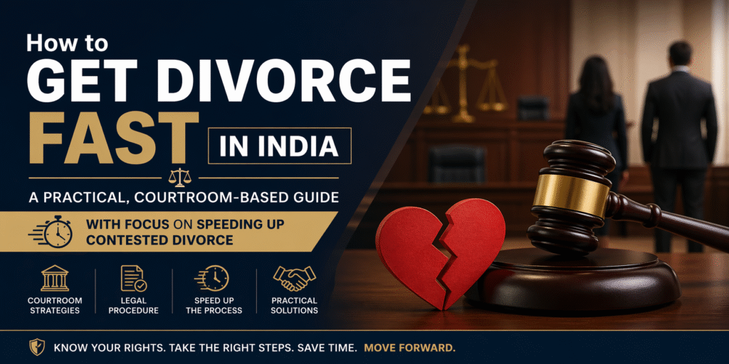 Fast divorce in India courtroom banner showing judge gavel, broken marriage symbol and legal guide for speeding up contested divorce process