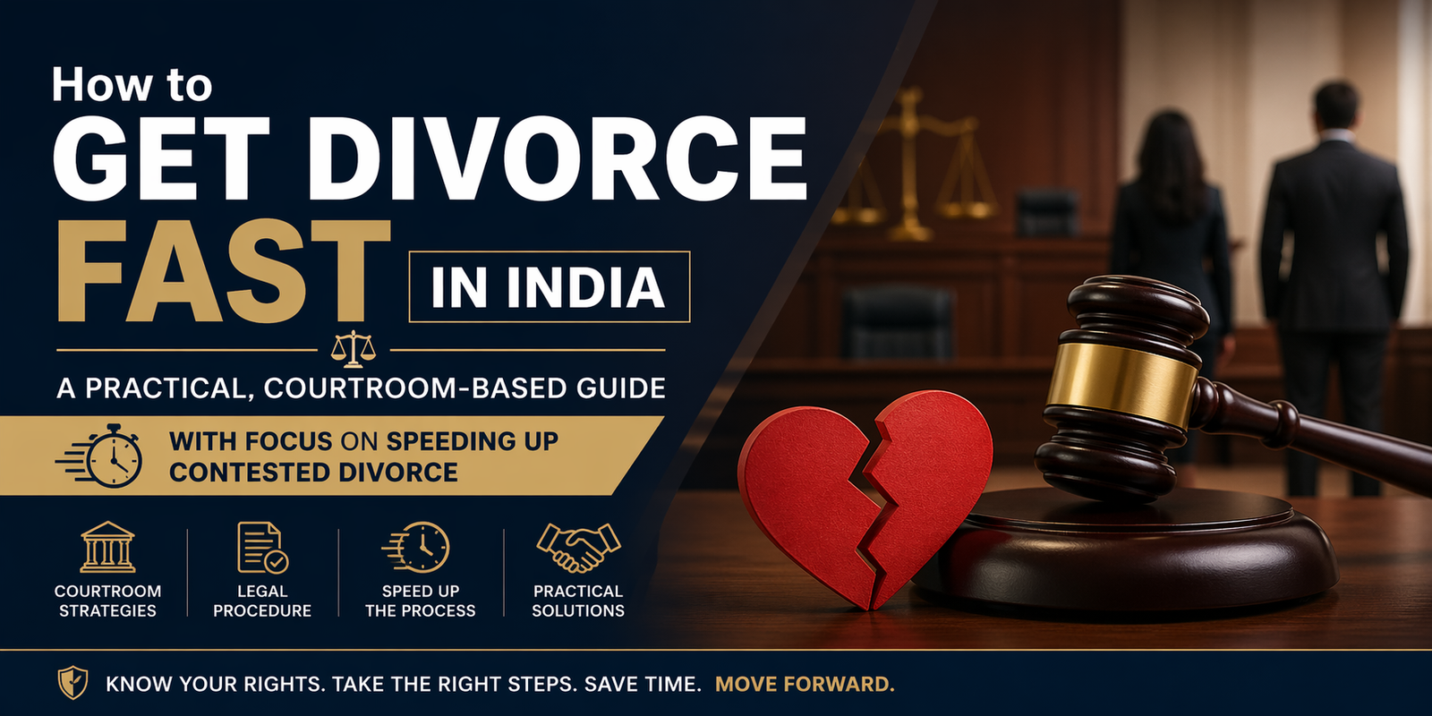 Fast divorce in India courtroom banner showing judge gavel, broken marriage symbol and legal guide for speeding up contested divorce process