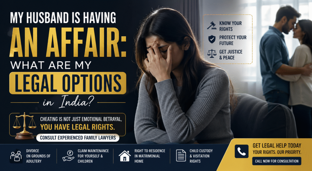 Husband affair legal options in India banner showing distressed wife with lawyer consultation support and divorce, maintenance, and custody rights information