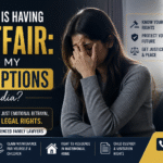 Husband affair legal options in India banner showing distressed wife with lawyer consultation support and divorce, maintenance, and custody rights information