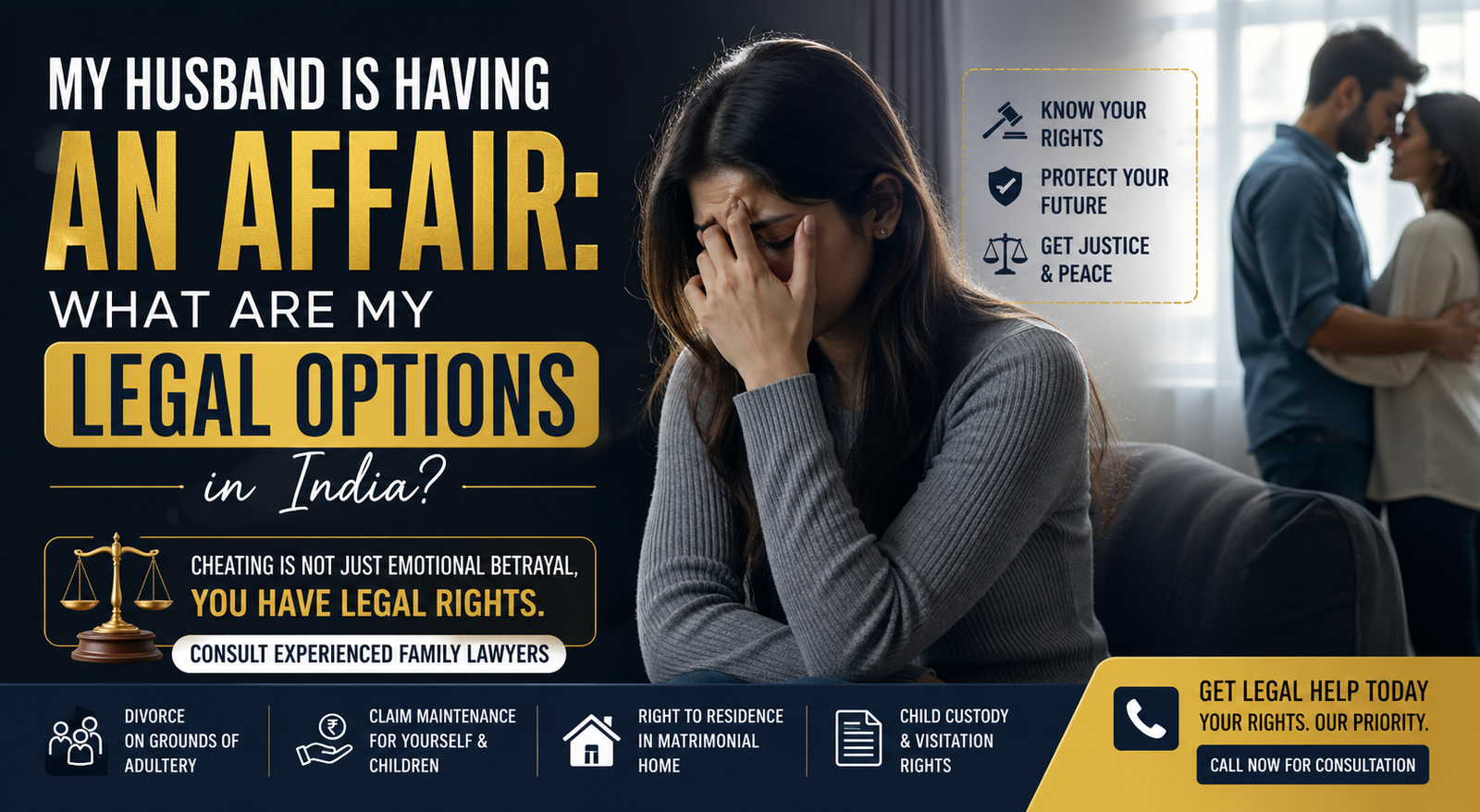 Husband affair legal options in India banner showing distressed wife with lawyer consultation support and divorce, maintenance, and custody rights information