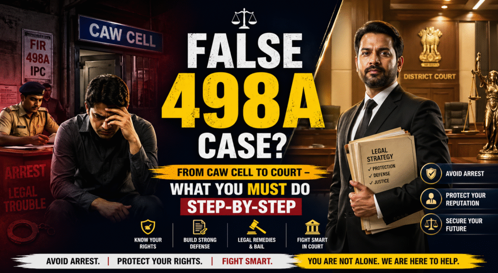 False 498A case in India banner showing stressed man at CAW Cell police station and confident lawyer in courtroom explaining step-by-step legal defense process