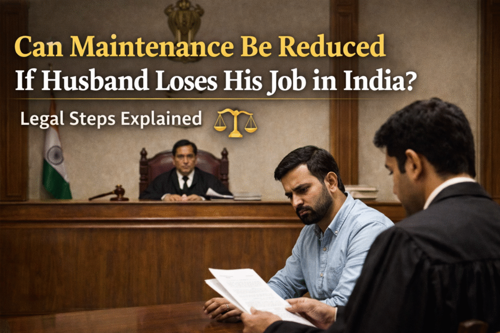 Indian courtroom scene showing a judge and a stressed husband holding documents, explaining maintenance reduction after job loss in India