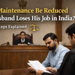Indian courtroom scene showing a judge and a stressed husband holding documents, explaining maintenance reduction after job loss in India