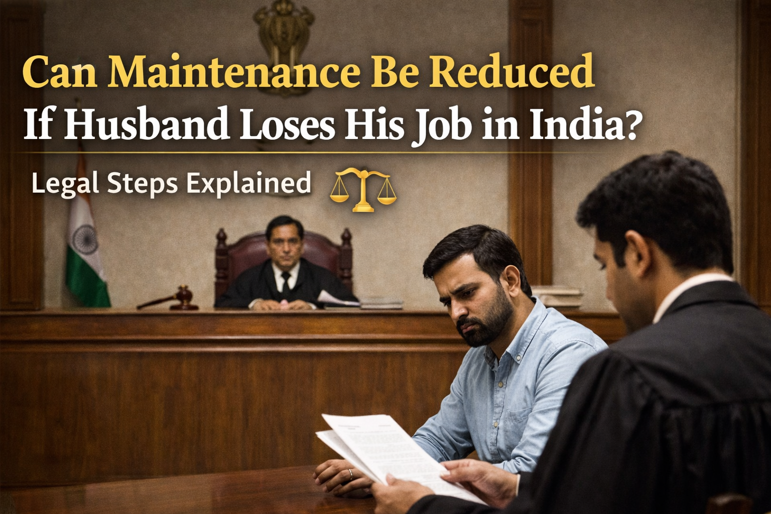 Indian courtroom scene showing a judge and a stressed husband holding documents, explaining maintenance reduction after job loss in India