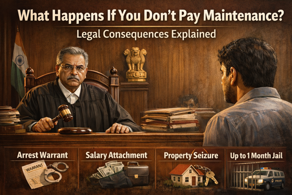 Indian court scene showing judge issuing order in maintenance case, highlighting legal consequences like arrest warrant, salary attachment, property seizure, and jail for non-payment of maintenance