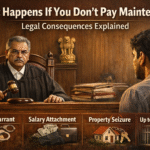 Indian court scene showing judge issuing order in maintenance case, highlighting legal consequences like arrest warrant, salary attachment, property seizure, and jail for non-payment of maintenance