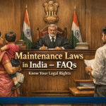 Indian courtroom scene showing a judge hearing a maintenance case with husband, wife, and child, featuring text “Maintenance Laws in India – FAQs” and legal consultation details