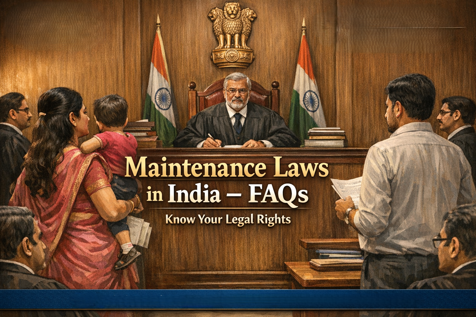 Indian courtroom scene showing a judge hearing a maintenance case with husband, wife, and child, featuring text “Maintenance Laws in India – FAQs” and legal consultation details