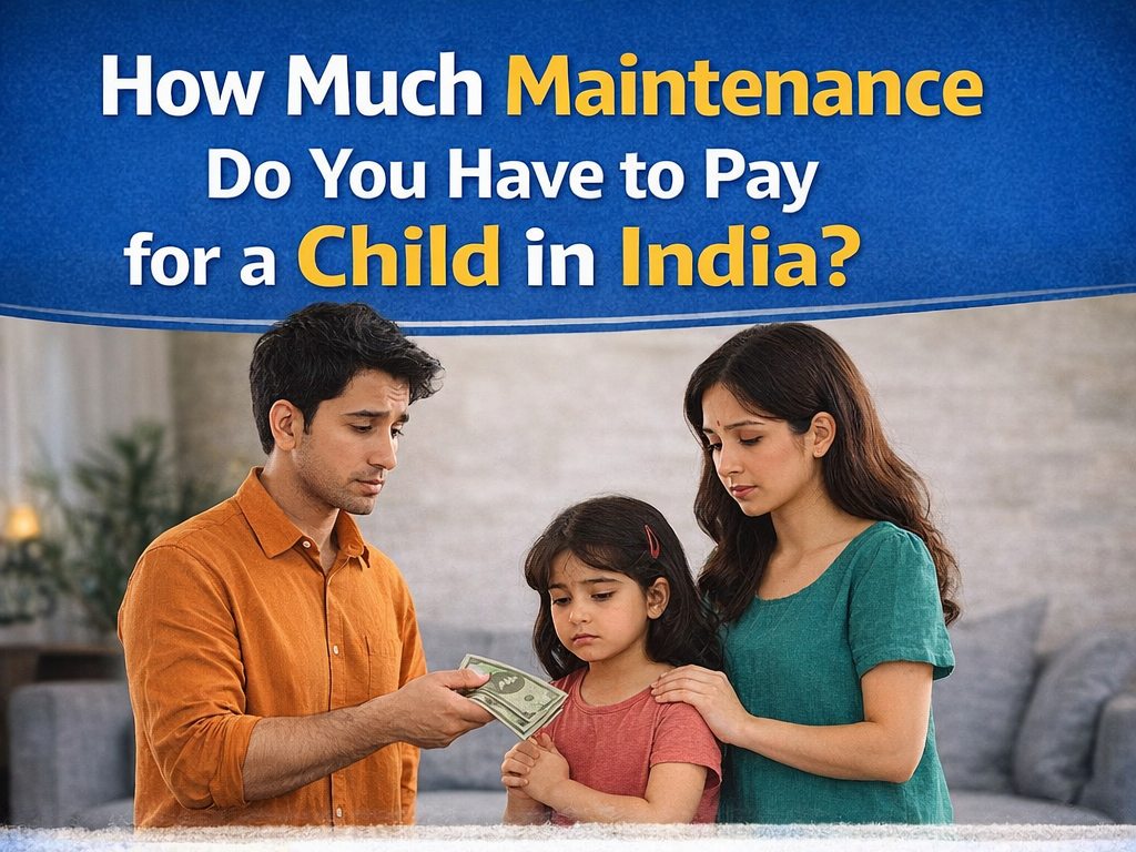 Child maintenance in India – father paying money to mother for child support with legal factors infographic