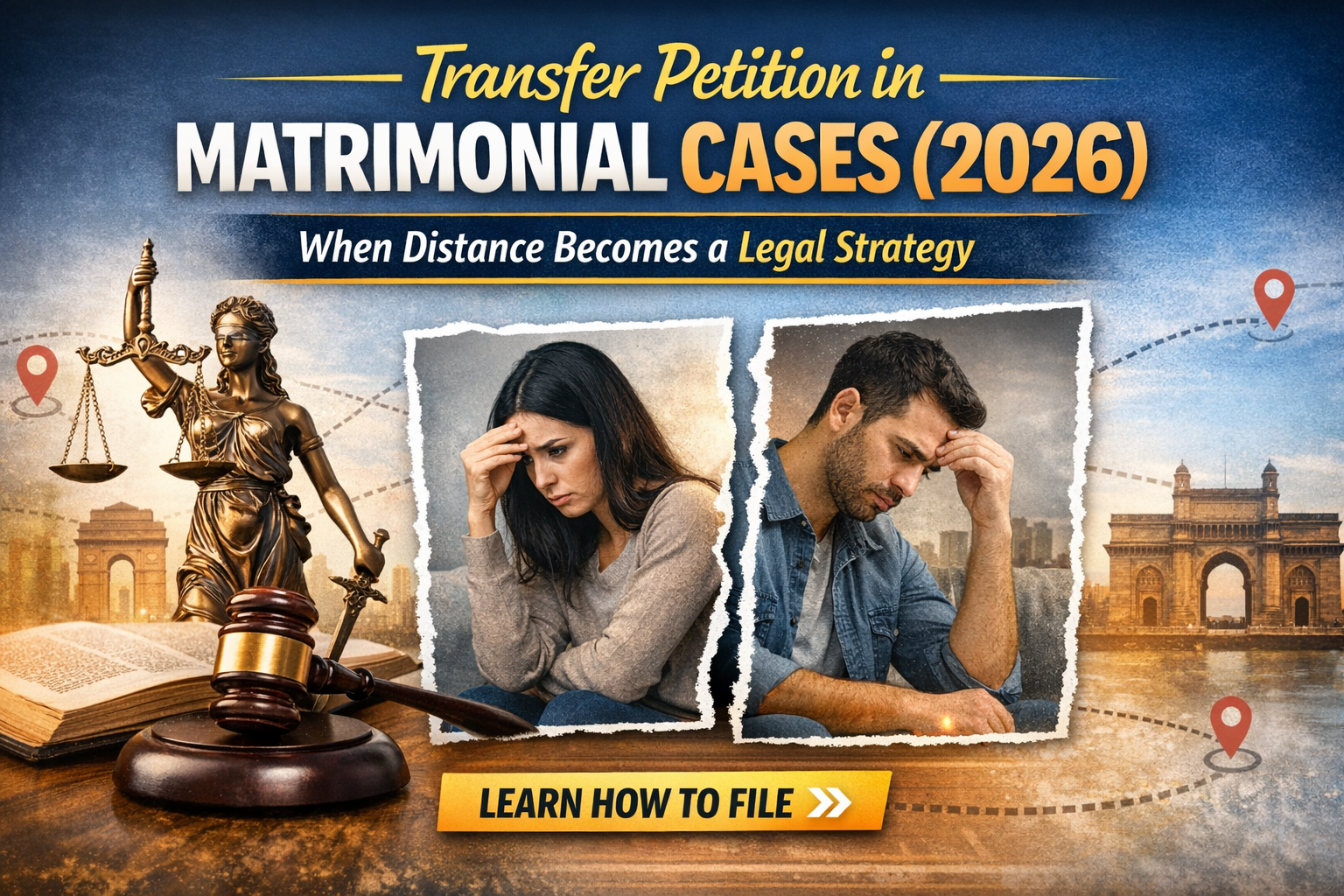 Transfer petition in matrimonial cases concept showing legal balance, stressed couple, and Indian court symbols representing case transfer between cities