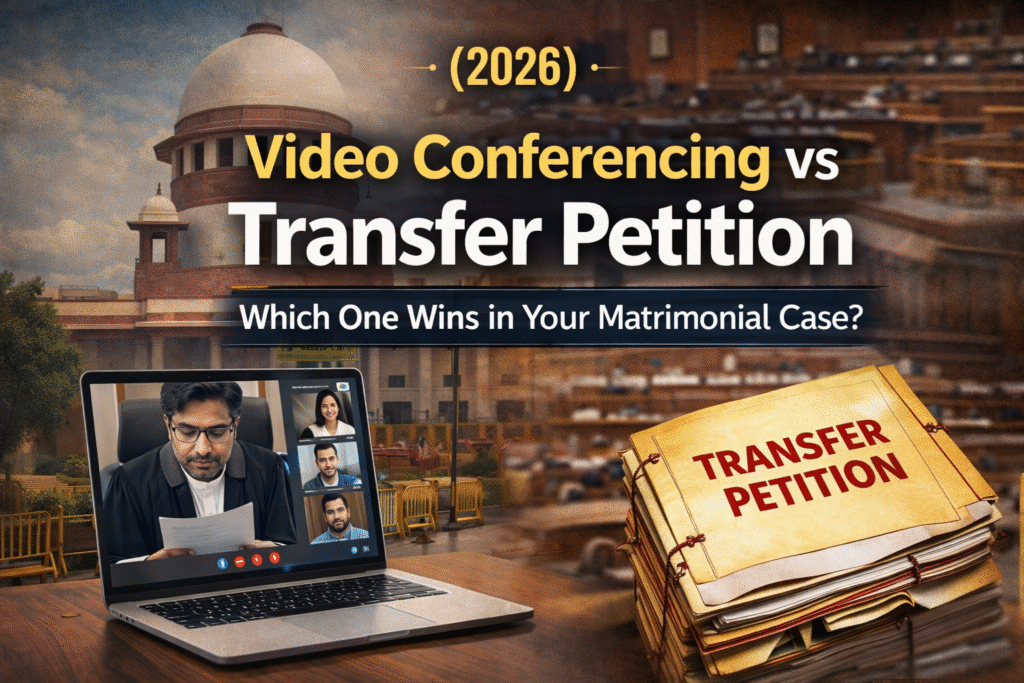 Video Conferencing vs Transfer Petition in matrimonial cases, featuring Indian court, virtual hearing on laptop, and legal files representing transfer petition process