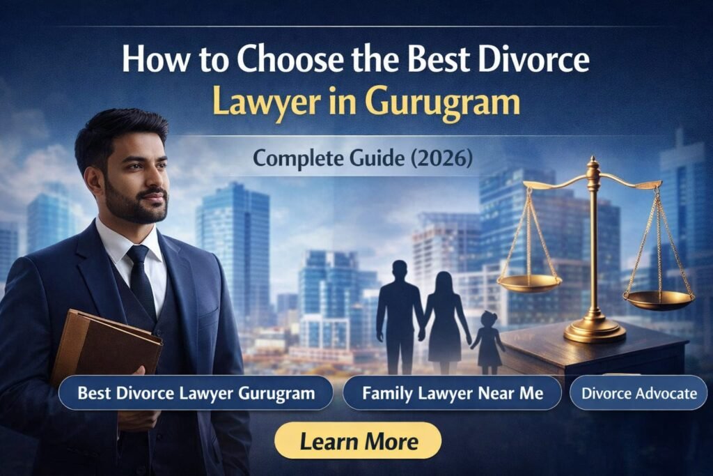 Best divorce lawyer in Gurugram banner showing professional advocate with scales of justice and family silhouette – complete guide 2026