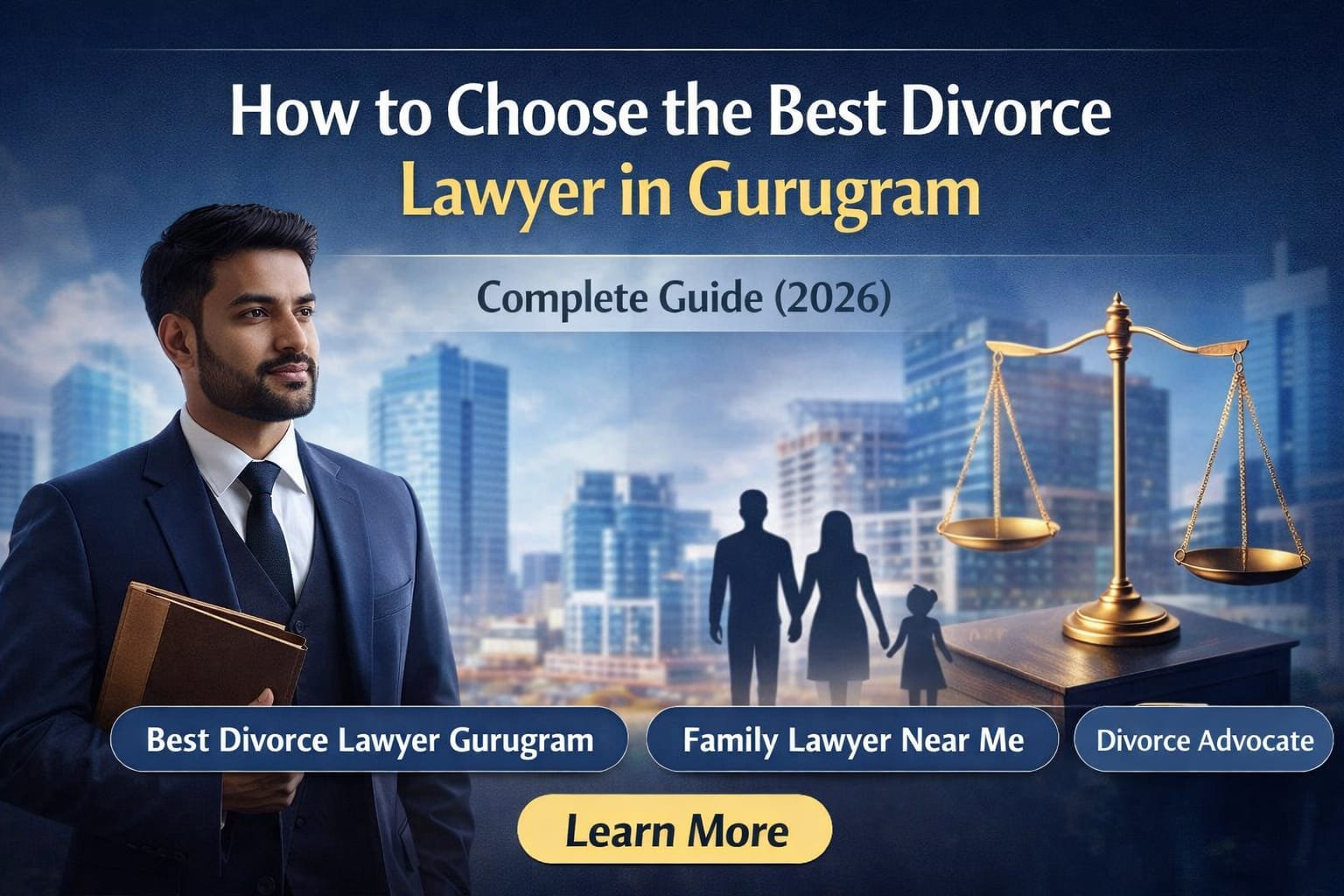 Best divorce lawyer in Gurugram banner showing professional advocate with scales of justice and family silhouette – complete guide 2026