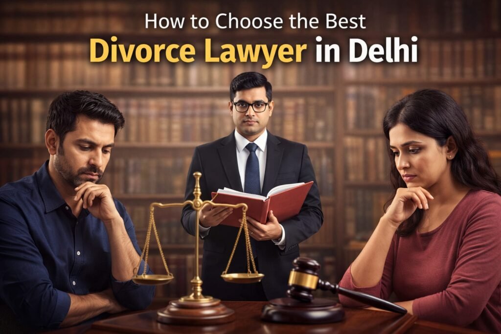 Best divorce lawyer in Delhi advising couple on legal separation, family lawyer consultation in Delhi court with legal documents and gavel