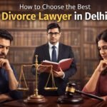 Best divorce lawyer in Delhi advising couple on legal separation, family lawyer consultation in Delhi court with legal documents and gavel
