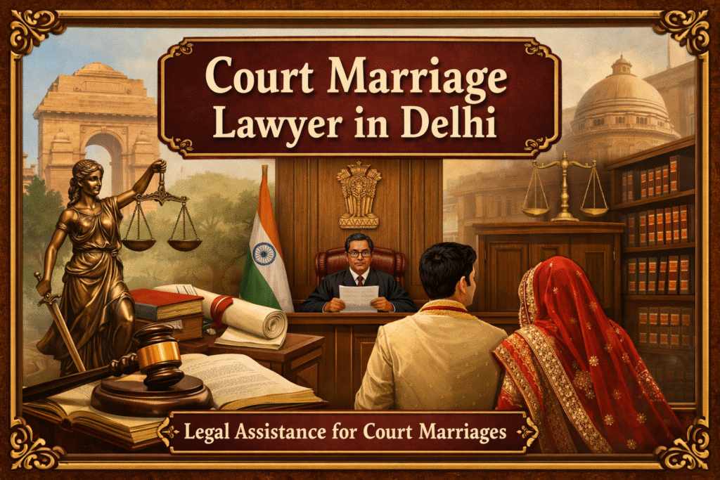 Court marriage lawyer in Delhi courtroom scene with judge, couple and Lady Justice symbolizing legal marriage process