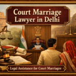 Court marriage lawyer in Delhi courtroom scene with judge, couple and Lady Justice symbolizing legal marriage process