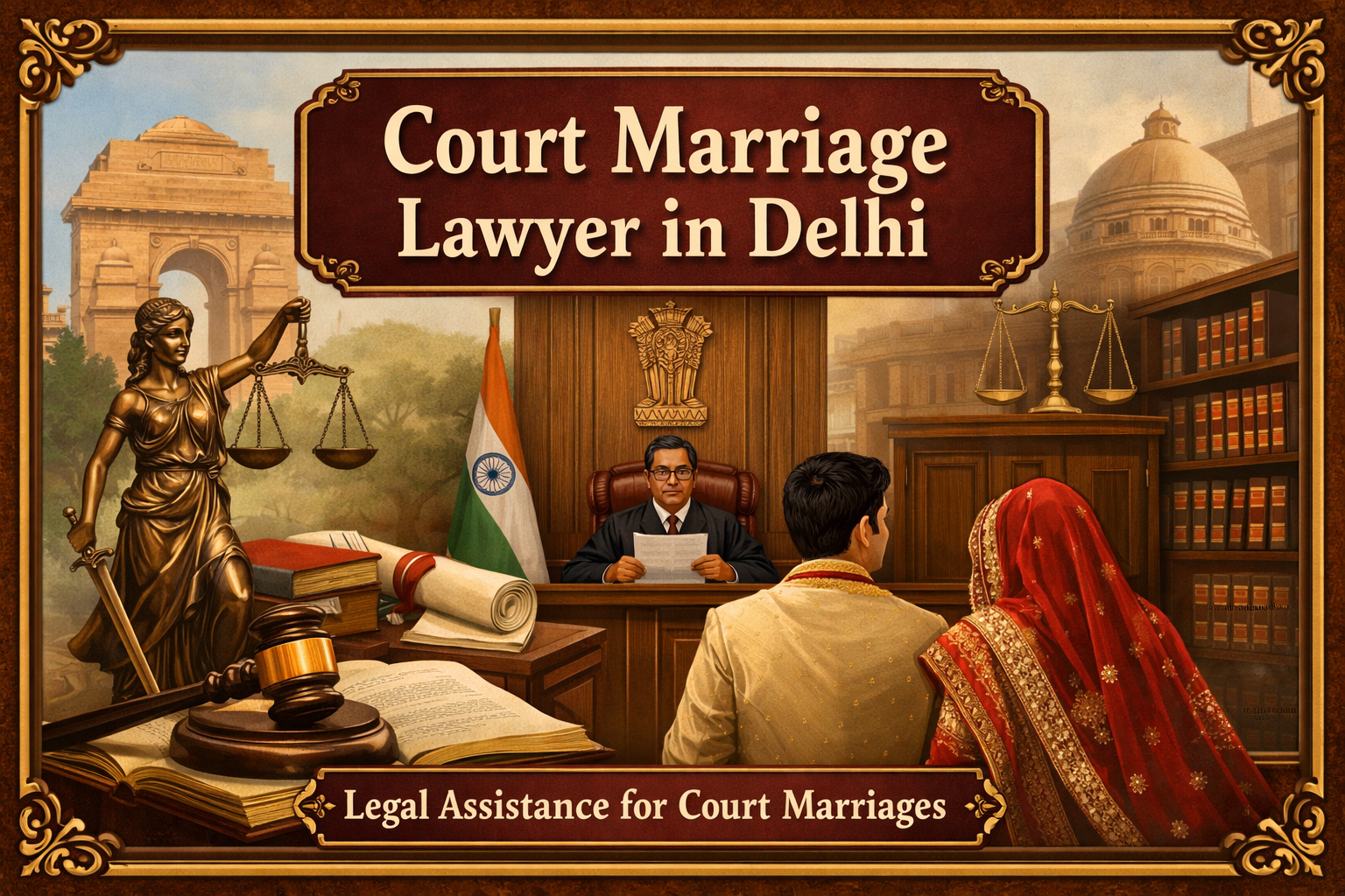 Court marriage lawyer in Delhi courtroom scene with judge, couple and Lady Justice symbolizing legal marriage process