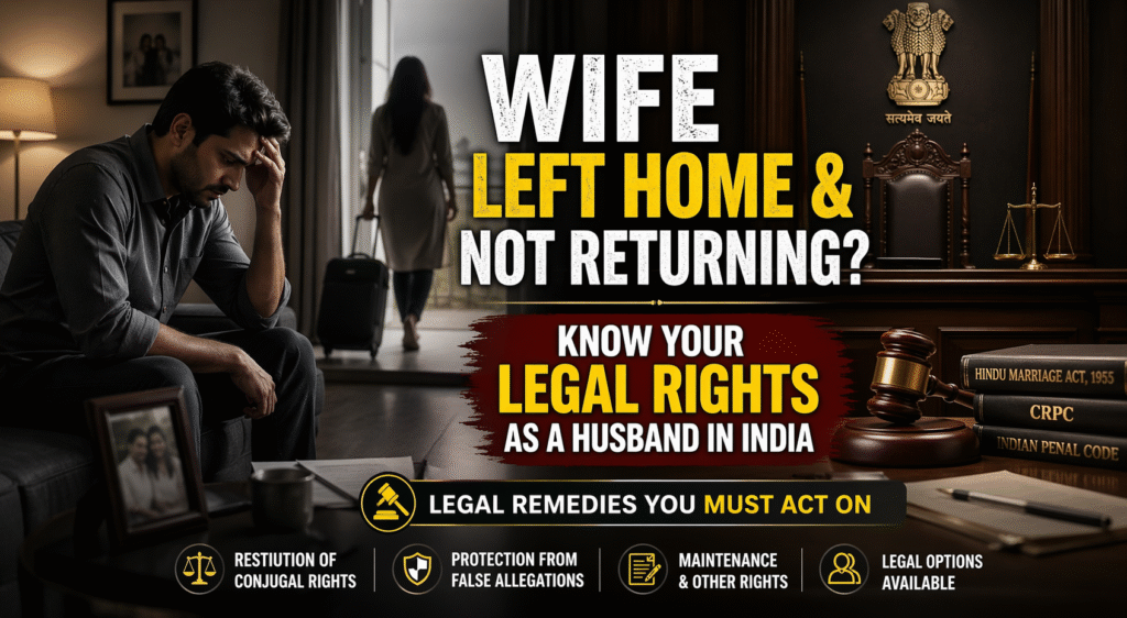 Man sitting stressed at home while wife leaves with suitcase, representing legal options for husband under Hindu Marriage Act, 1955 in India