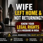 Man sitting stressed at home while wife leaves with suitcase, representing legal options for husband under Hindu Marriage Act, 1955 in India