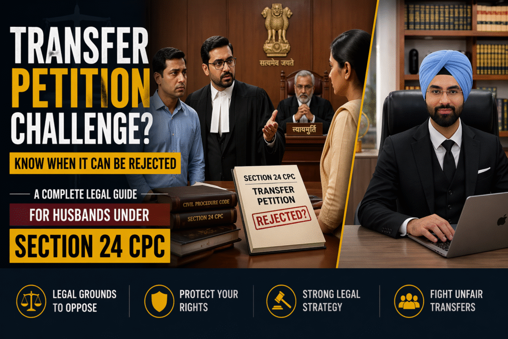 Indian courtroom banner showing lawyer defending husband against wife’s transfer petition under Section 24 CPC with advocate portrait on side