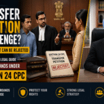 Indian courtroom banner showing lawyer defending husband against wife’s transfer petition under Section 24 CPC with advocate portrait on side